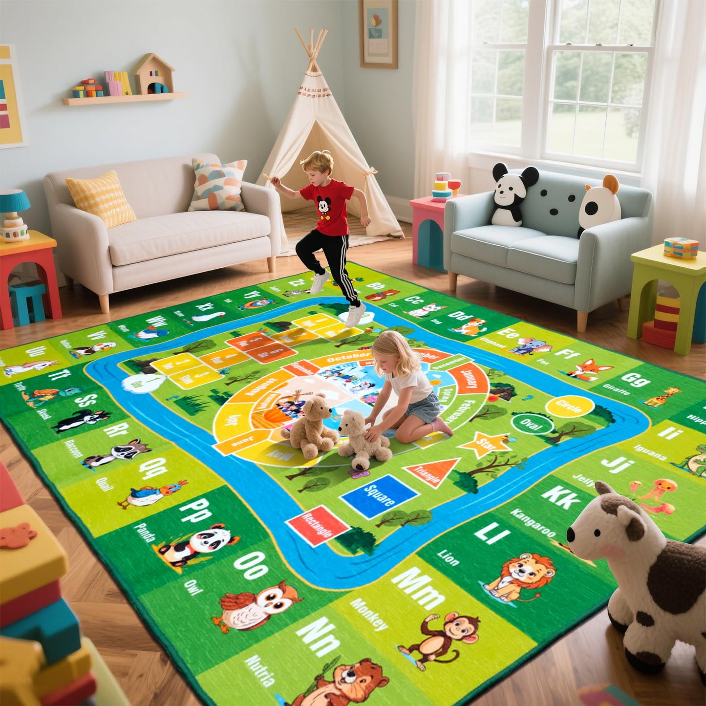 junhejiamei 8'x 10' ABC Rug, Kids Rugs for Playroom Classroom Bedroom, Educational Learning Play Mat with Alphabet Animals Numbers & Shapes (8x10 Feet)