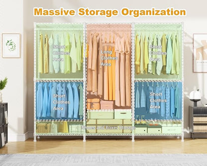 ULIFHOME E14C Pro Heavy Duty Closet Organizer System，Freestanding Clothing Racks for Hanging Clothes，Adjustable Garment Rack 69" W × 16" D × 77" H Hold 960 lbs，White Rack with Grey Dustproof Cover