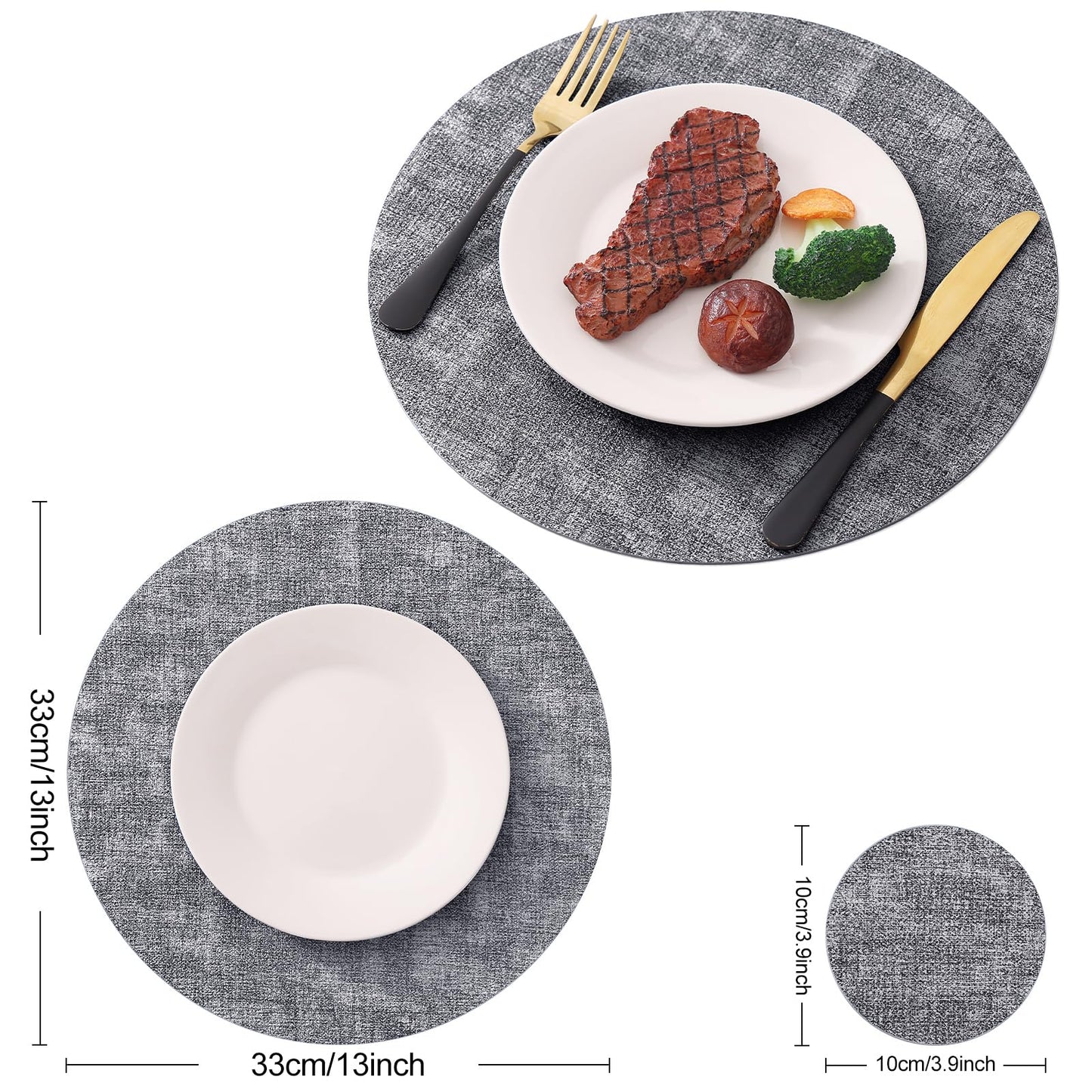 Homaxy Round Faux Leather Placemats and Coasters, Washable Dual-Side Table Mats, Wipeable Heat-Resistant Dining Place Mats for Outdoor and Indoor, Set of 8, Diameter 13 and 3.93 inch, Black