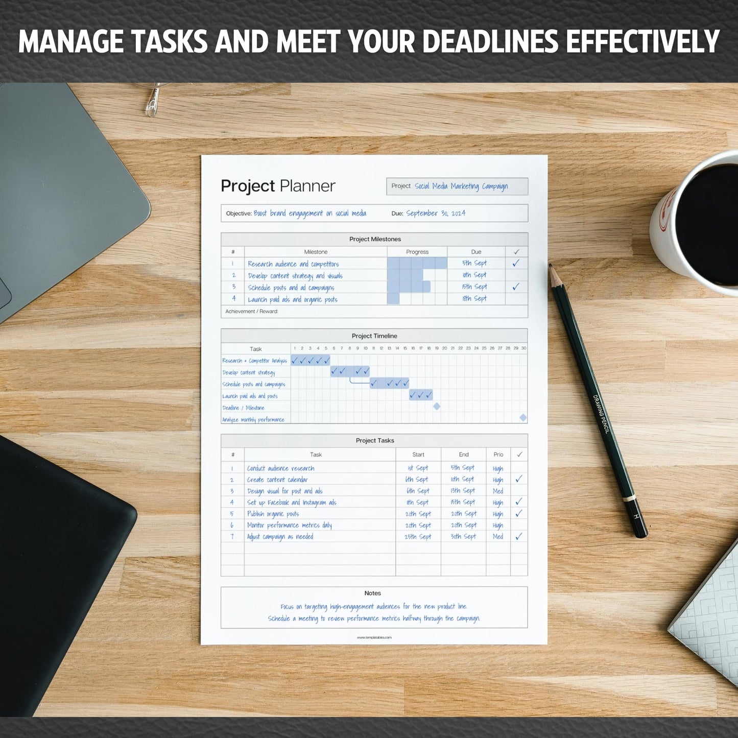 Project Planner Notepad - Project Management Organizer Desk Pad - Manage Project Tasks and Meeting Deadlines Effectively - 50 Sheets of Premium 120gsm Paper | Management | A4 Mono