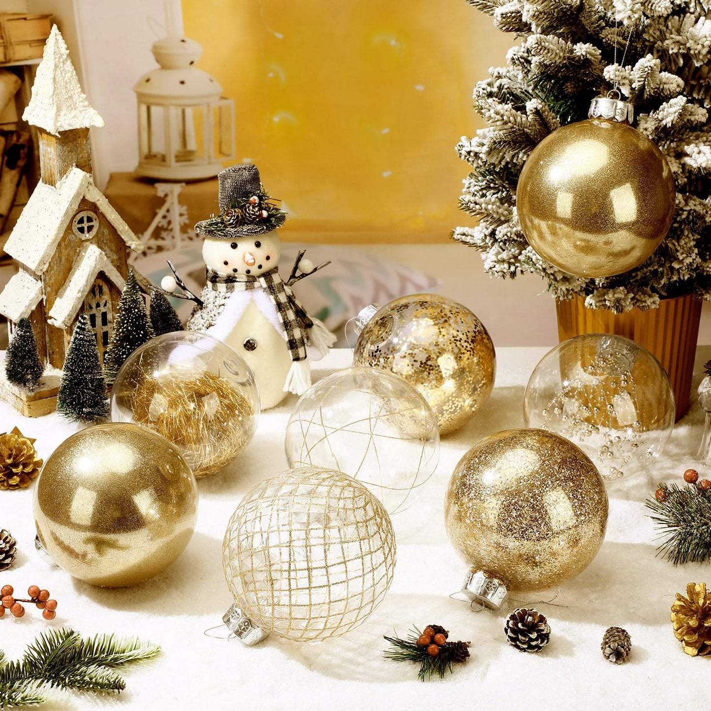 Wettarn Set of 8 Transparent Large Christmas Ball Ornaments 6 Inch Glitter Hanging Plastic Balls Christmas Tree Decorations for Lawn Yard Party with Exquisite Filling Decoration (Charming Gold)