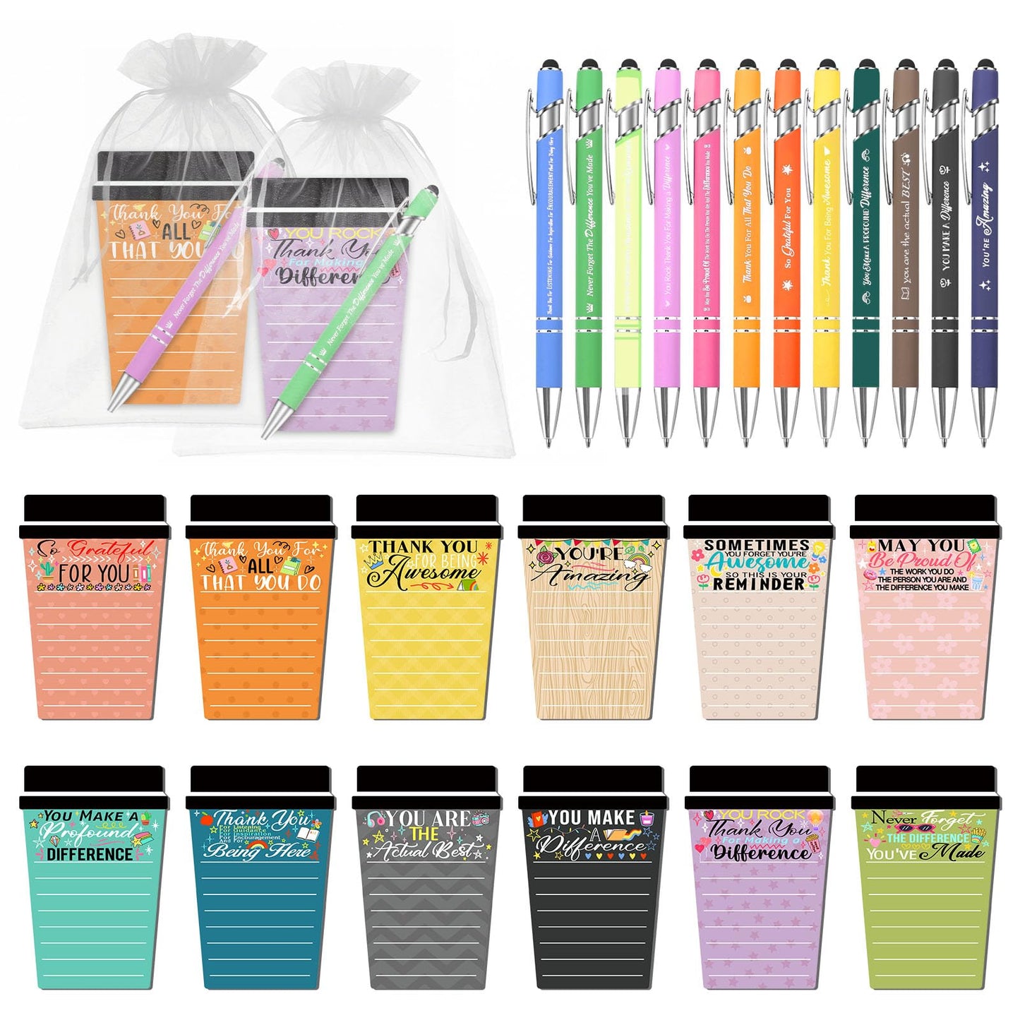 12 Sets Employee Appreciation Gifts Bulk Coffee Cup Sticky Notes with Inspirational Pens, Funny Notepads Motivational Ballpoint Pen Thank You Gifts for Coworker Teacher Nurse Office Supplies