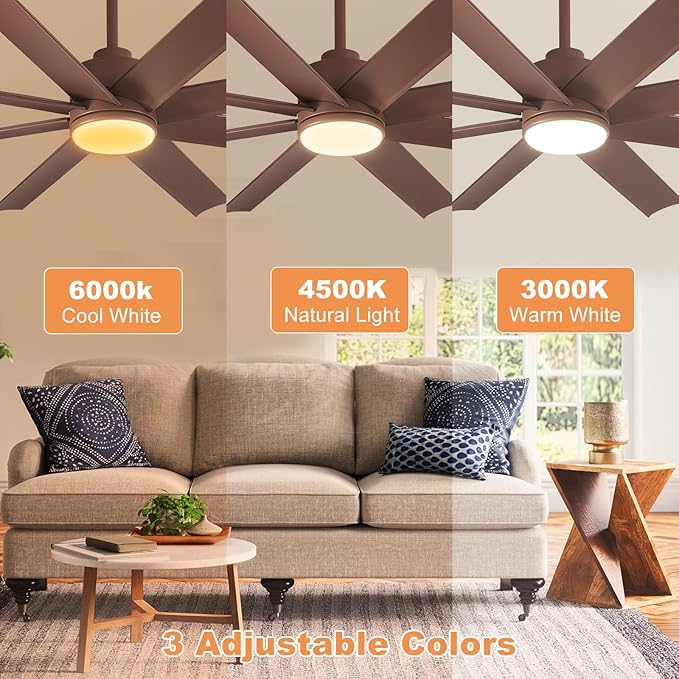 Depuley 60-Inch Ceiling Fan with Light: 8-Blade Large Ceiling Fans with Remote Control - Ultra Quiet DC Motor Reversible Timer Brown