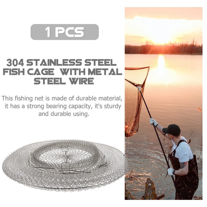 Extra Large Wire Fish Basket, 28X18 inches Fishing Net Cage Collapsible, Crabs Basket Trap Holder for Live Caught Fish, for Seawater, River, and Boat Fishing, Stainless Steel Galvanized, Silver