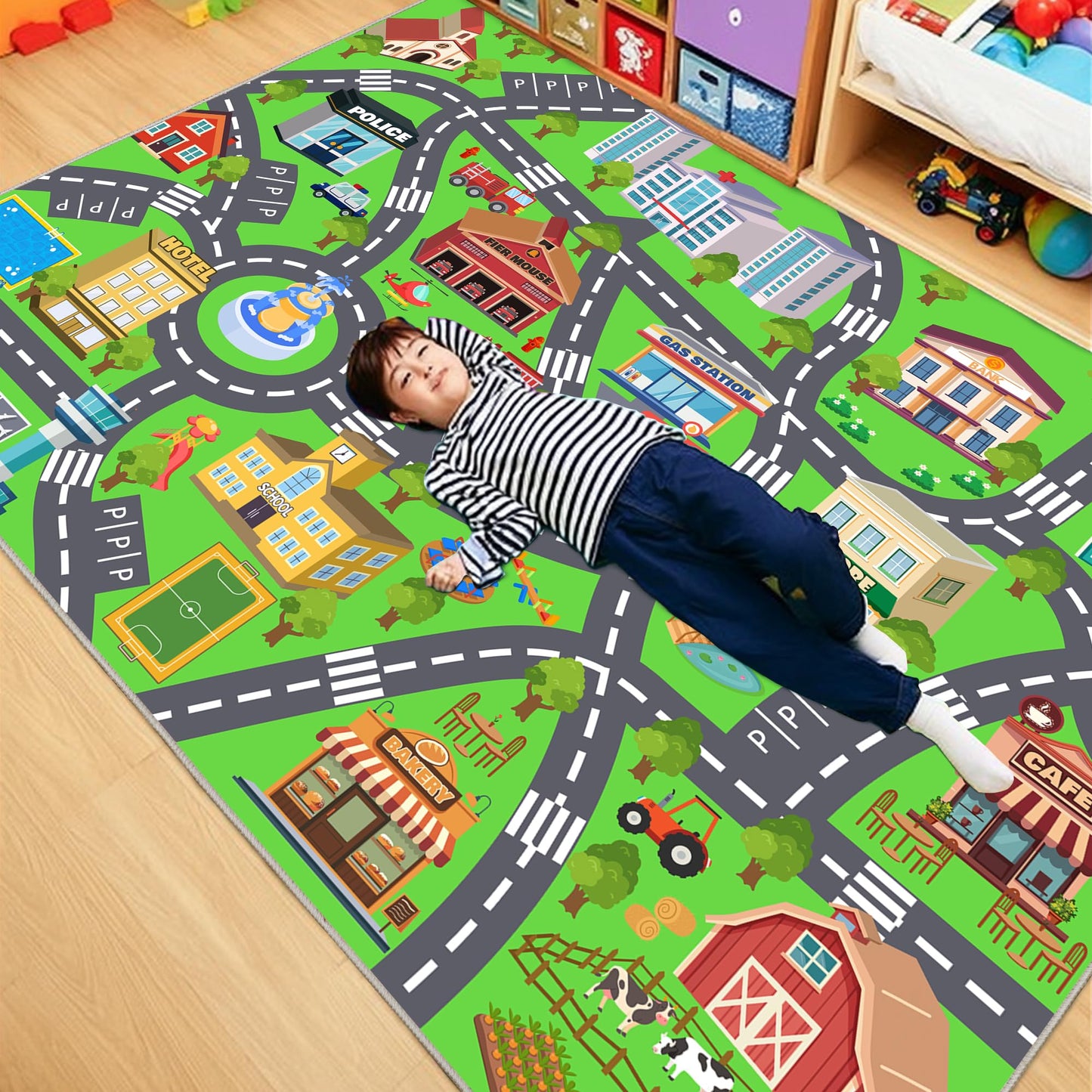 Kids Room Rug - Soft & Non-Slip 4x5 Ft Town Car Rugs City Map Play Mat, Childrens Road Carpet Washable Playmat for Classroom Nursery Bedroom Boys