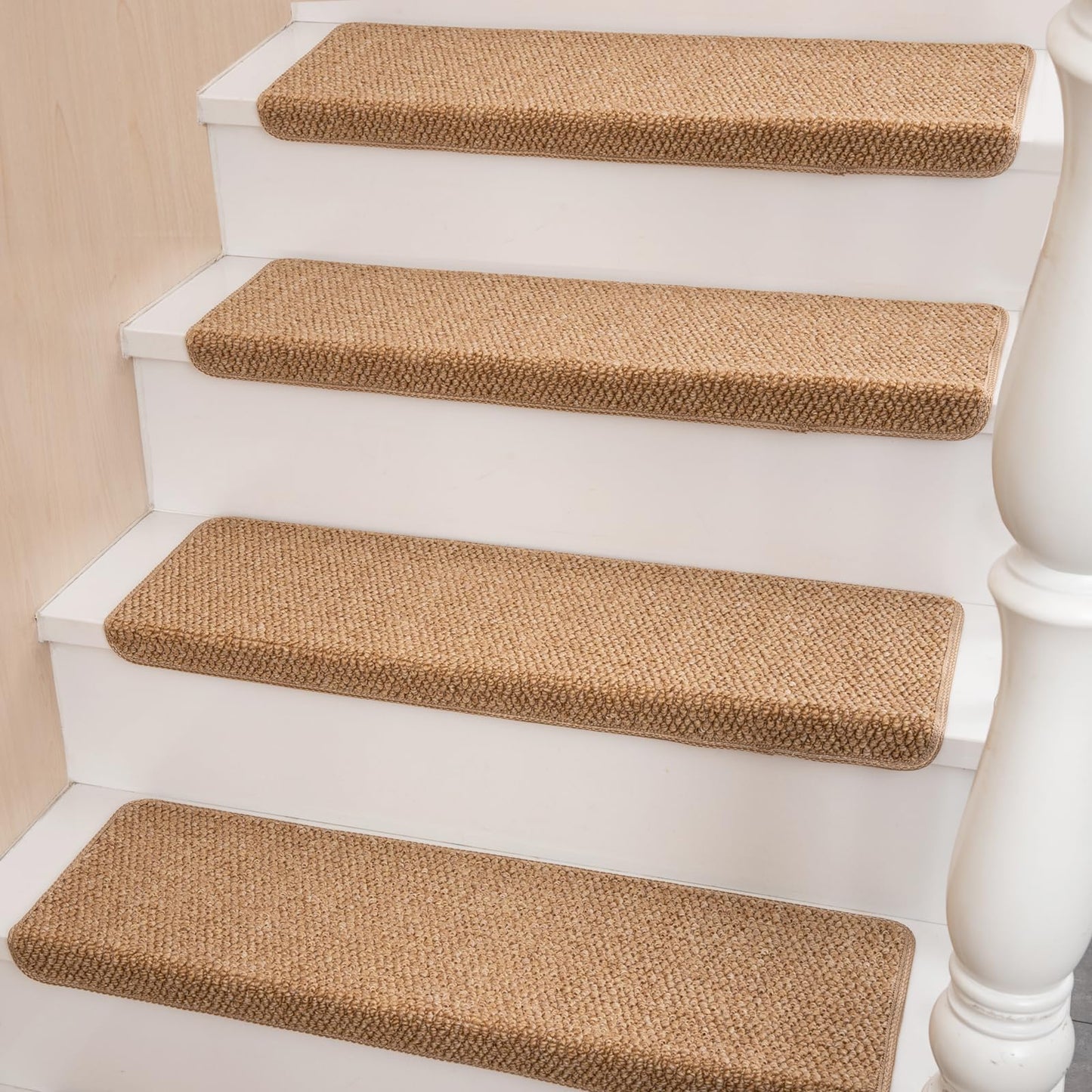 Hopeviva Bullnose Carpet Faux Sisal Stair Treads | Set of 14 | Stair Treads for Wooden Steps Indoor Anti Slip Braided Staircase Protector Pet Friendly Rugs Covers 9.44" X 29.5"x 1.9",Golden