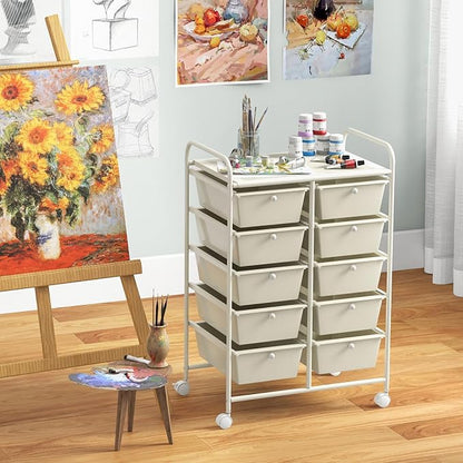 Giantex 10 Drawers Rolling Cart, Classroom Organizers, Storage Cart with Wheels, for Teacher Office Home School Supplies Tool Craft Art Paper, Ivory Color