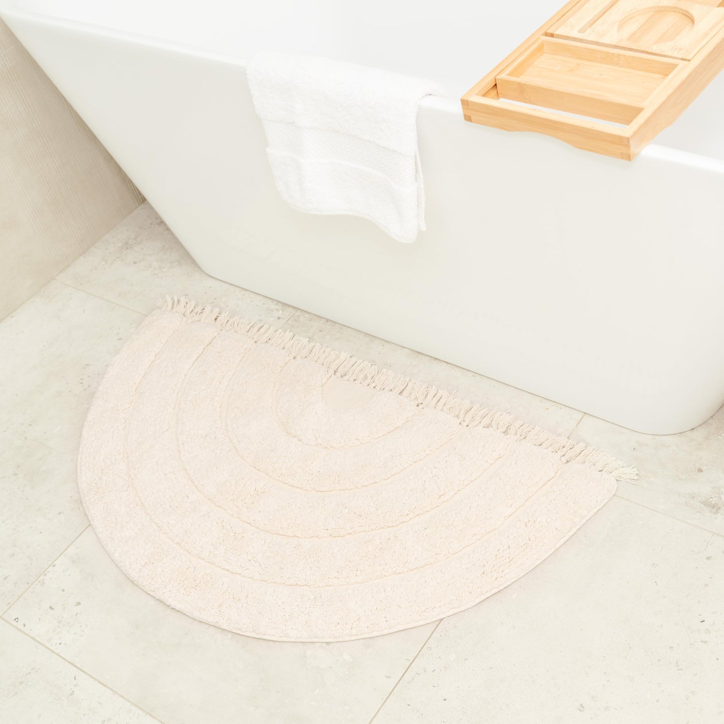 BIEN BEAU Unique Boho Half Moon Bath Rug – Ivory - 100% Cotton Bathroom Rugs - Stylish Non-Slip Bohemian Rug for Bath and Bedroom – Cute Boho Decor 20 x 38 inch