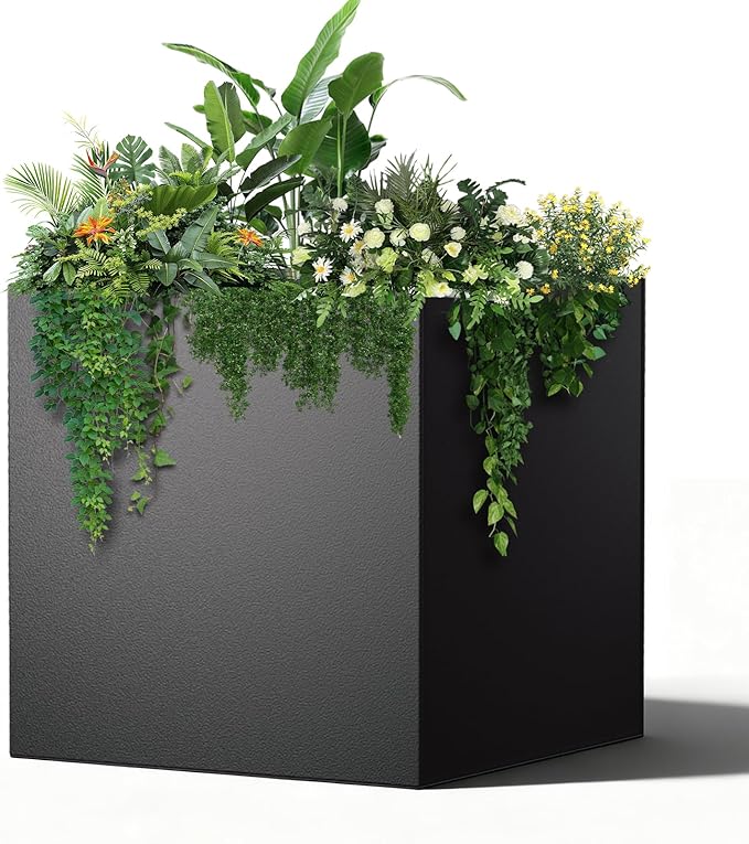Metal Planter Box, 26" x 26"x 26", Heavy-Duty Galvanized Steel Outdoor Planter with Drainage Holes, Rectangular Planter for porches, Gardens, patios, and courtyards，Black
