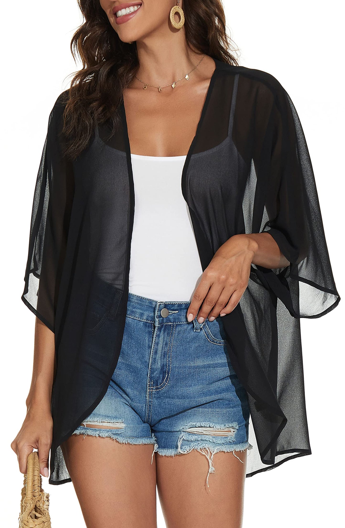 Women Summer Tops Kimono Cardigans Sheer Beach Cover Ups Chiffon Open Front Shirts （Black,XL