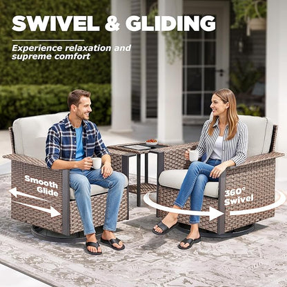 Patio Wicker Chairs Swivel Rocker-Outdoor Swivel Rocking Patio Chairs Set of 2,Wide Armrest Wicker Chair Outdoor Patio Furniture Set with Covered Cushions for Porch Balcony Patio Deck Brown/Beige