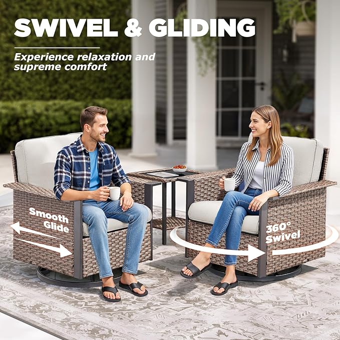 Outdoor Patio Furniture Set-5 Pieces All-Weather Wicker Patio Furniture with Outdoor Swivel Rocking Chairs Set of 2,Outdoor Patio Conversation Sets for Garden Porch Deck Brown/Beige