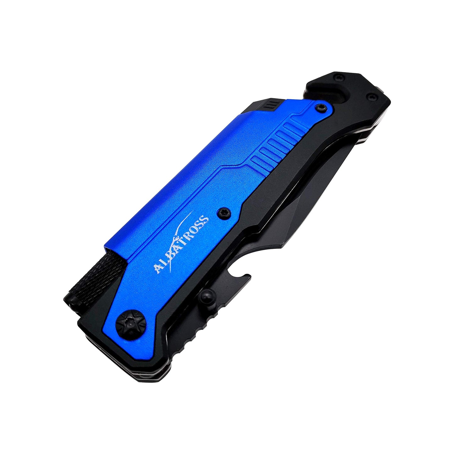 ALBATROSS 6-in-1 Survival Tactical Military Folding Pocket Knives with LED Light,Seatbelt Cutter,Glass Breaker,Magnesium Fire Starter,Bottle Opener;Multi-Function Emergency Tool(Blue)