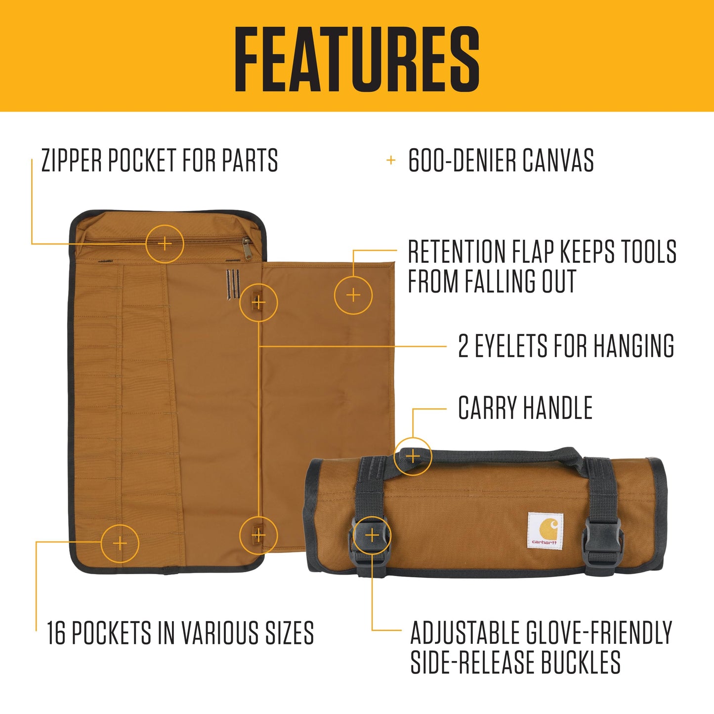 Carhartt Utility Roll Organizer, Durable, Water-Resistant Tool Roll, Gravel, 16 Pocket