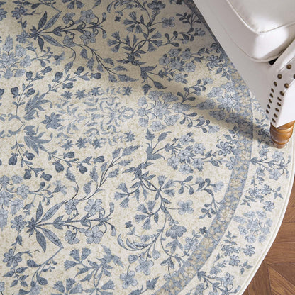 jinchan Zenith Round Rug 4ft Area Rug Soft 4'Round Floral Aesthetic Rug Non-Slip Low-Pile Machine Washable Carpet for Entryway Bedroom Kids Room Kitchen College Dorm Blue/Cream