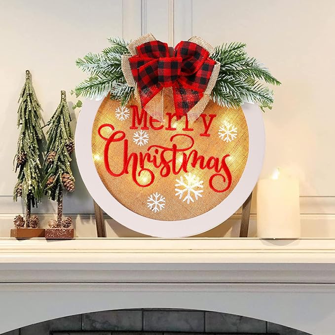 HOMCDALY Merry Christmas Welcome Sign for Front Door, Winter Merry Christmas Wreath with Light, Farmhouse Door Decoration Wooden Hanging Sign, Christmas Decoration (F-Xmas-White)