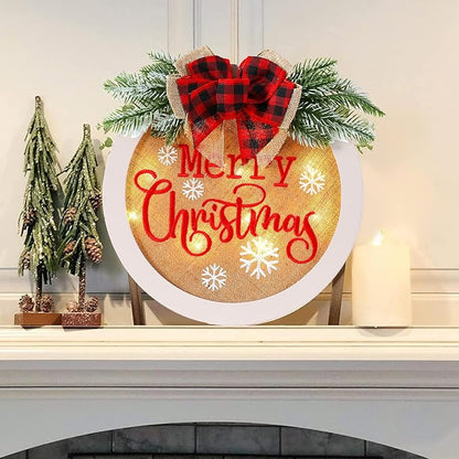 HOMCDALY Merry Christmas Welcome Sign for Front Door, Winter Merry Christmas Wreath with Light, Farmhouse Door Decoration Wooden Hanging Sign, Christmas Decoration (F-Xmas-White)