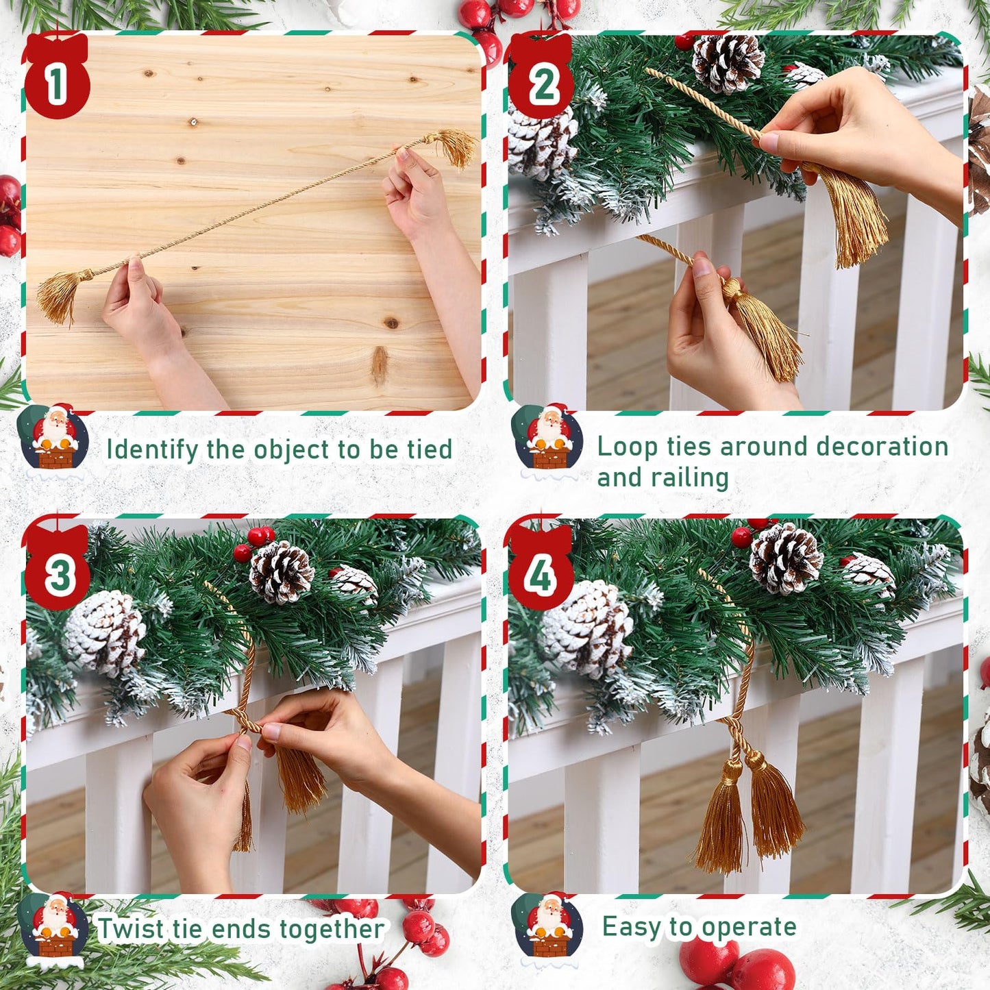Zhengmy 15 Pcs 24 Inch Christmas Garland Ties with Tassels Decorative Twist Tie for Banister Reusable Flexible Twist Tie for Garland Fireplace Staircase Banister Home Xmas Holiday Decorations (Gold)