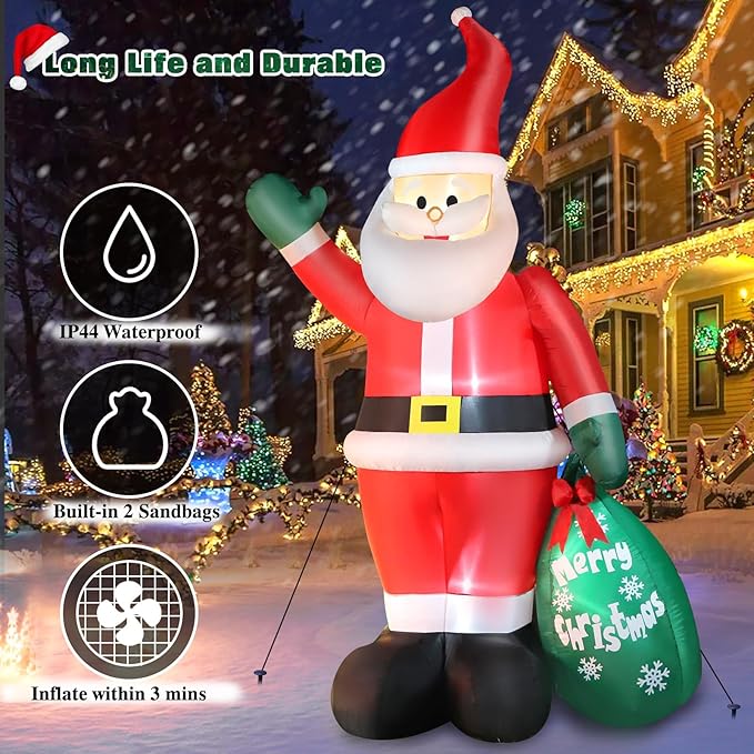 10 FT Christmas Inflatable Santa Claus Outdoor Decor for Yard, Giant Blow up Santa Decoration with Big Gift Bag, Built-in LED Lights for Garden Lawn Home Indoor Winter Holiday Party IP44 Weatherproof
