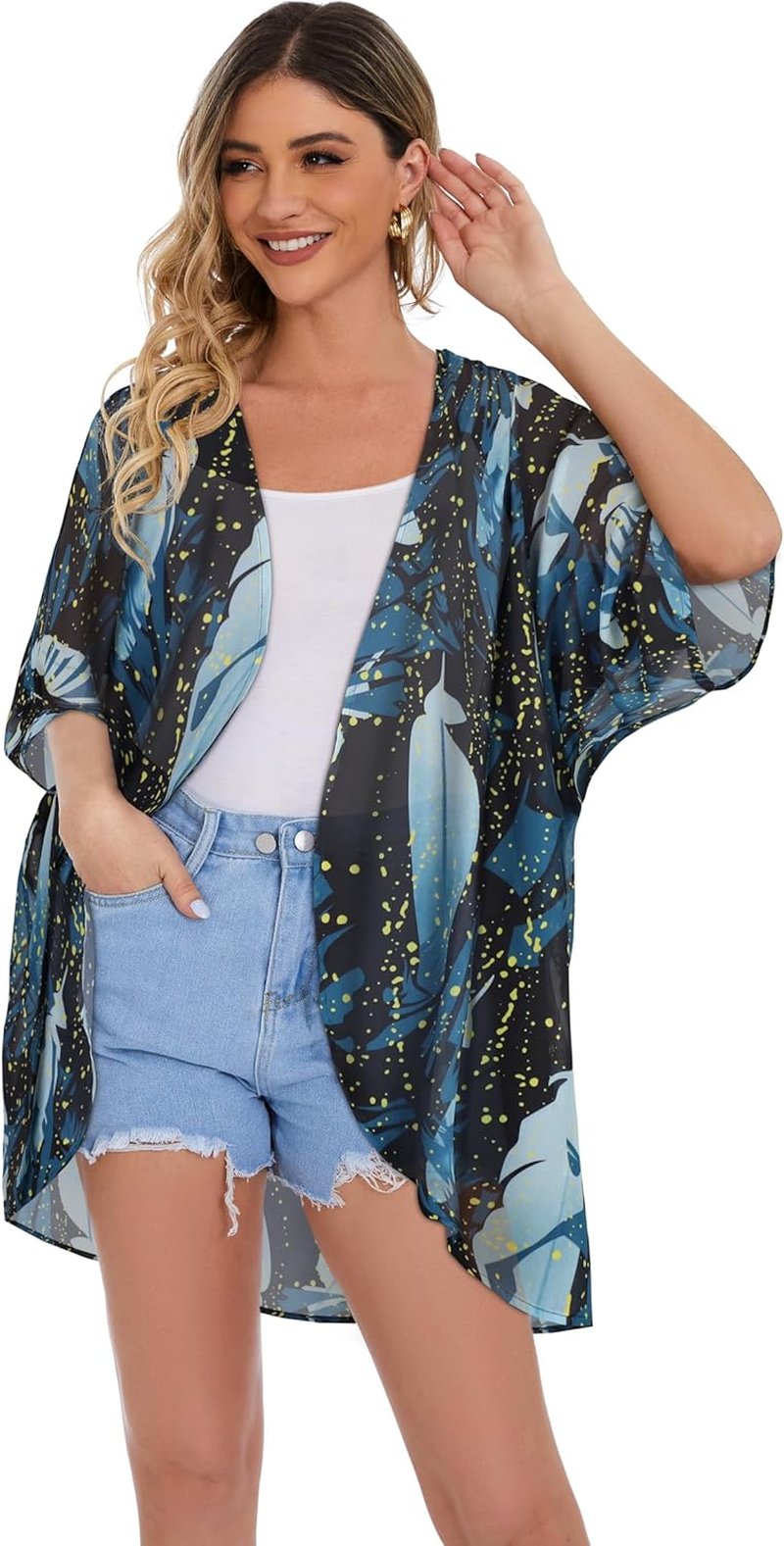 Floral Print Puff Sleeve Kimono Cardigan - Casual Women's Cover-Up Blouse Tops
