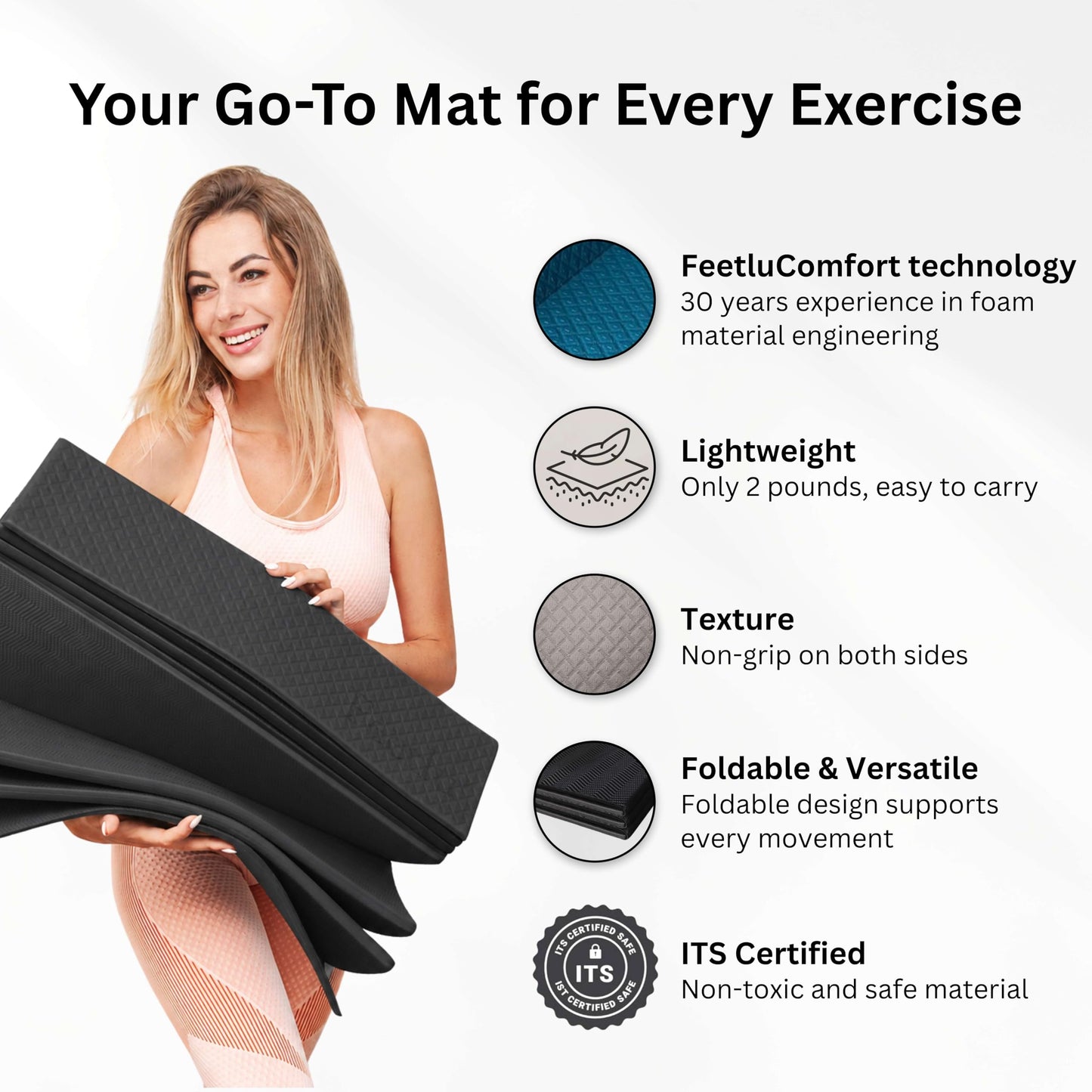 Feetlu Foldable Yoga Exercise Mat, 6mm/8mm/10mm/12mm Thickness, 72 x 24 Inch - Lightweight, Anti-Slip, and Easy to Store for Yoga, Pilates, Home Workouts, and Floor Exercises