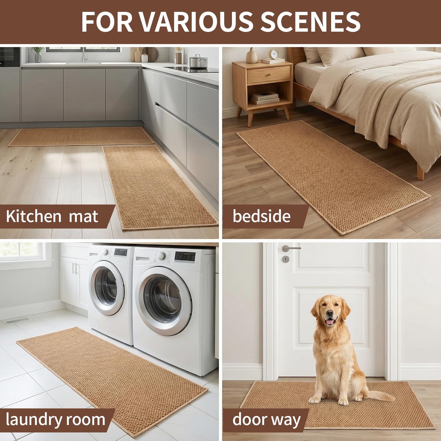Lenvise Kitchen Rugs 17"x30", Non-Slip Kitchen Mats for Floor, Machine Washable Absorbent Kitchen Runner, Stain Resistant Rug with Rubber Backing for Kitchen, Hallway, Laundry & Sink, Camel