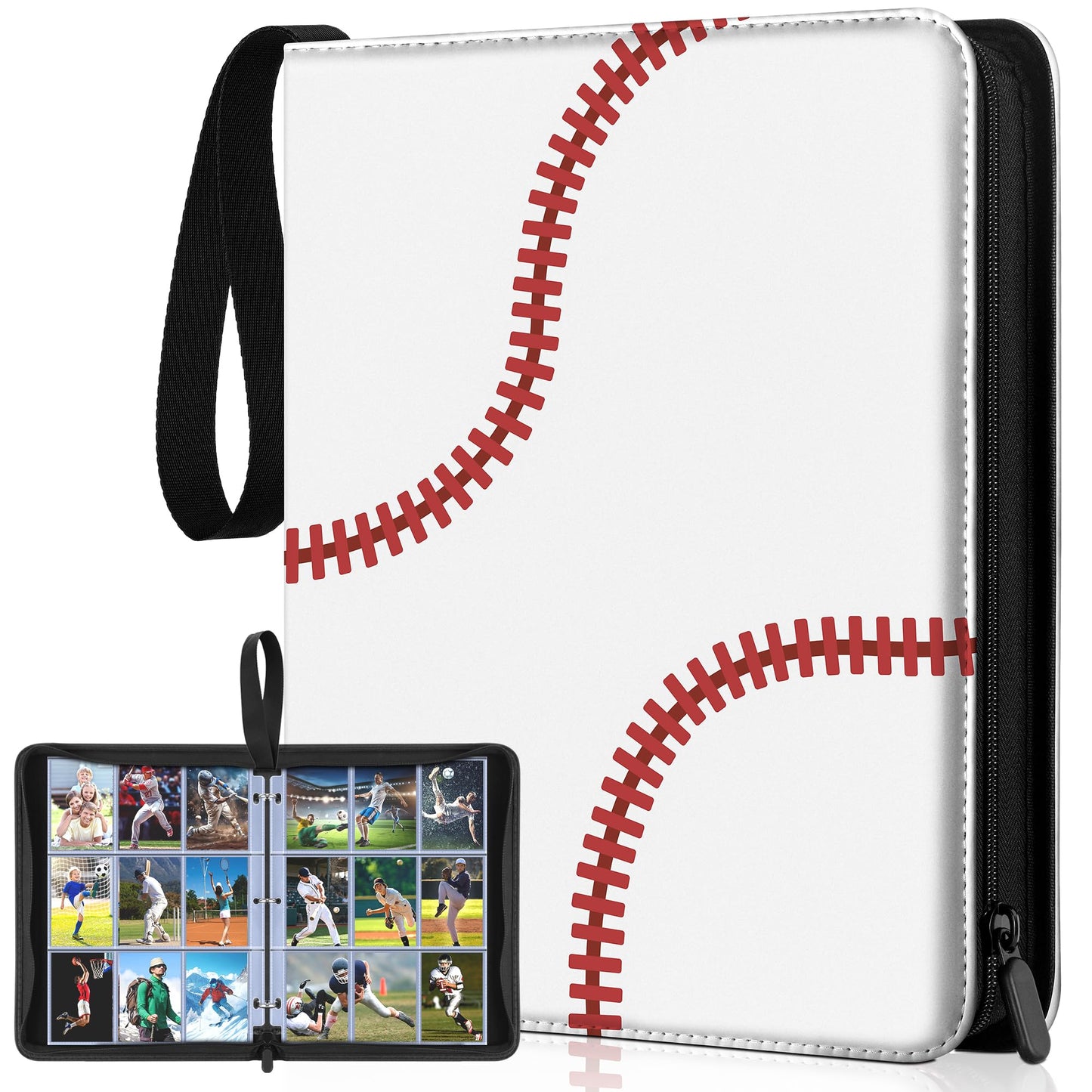 Trading Card Binder Album, PU Leather Baseball Card Binder with 900 Side Loading Pockets, Double Sided Pocket Zipper Card Binder for TCG Game Cards, Sports Cards (White)