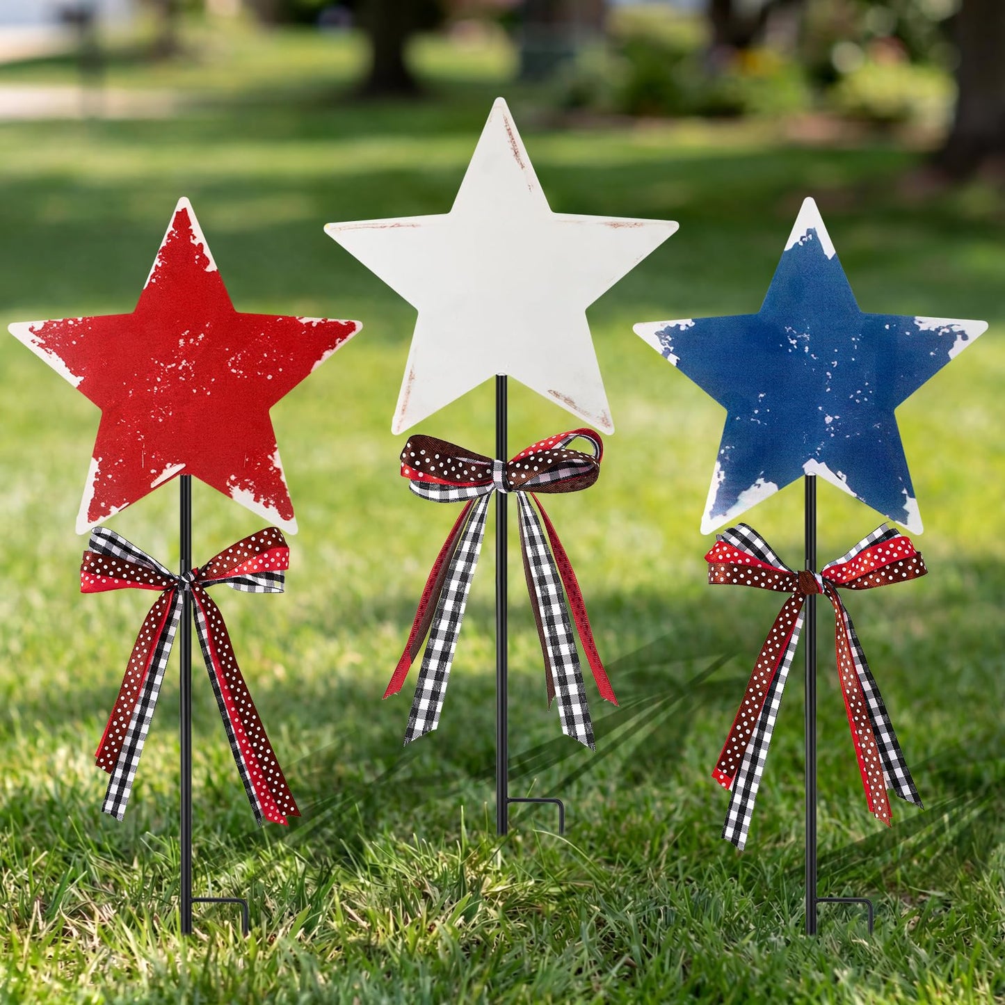 Amyhill 4th of July Outdoor Decor Patriotic Star Metal Garden Stakes Welcome Yard Signs Retro Red White Blue American Star Garden Stakes for 250th Anniversary Patio Lawn Walkway Outside Decorations