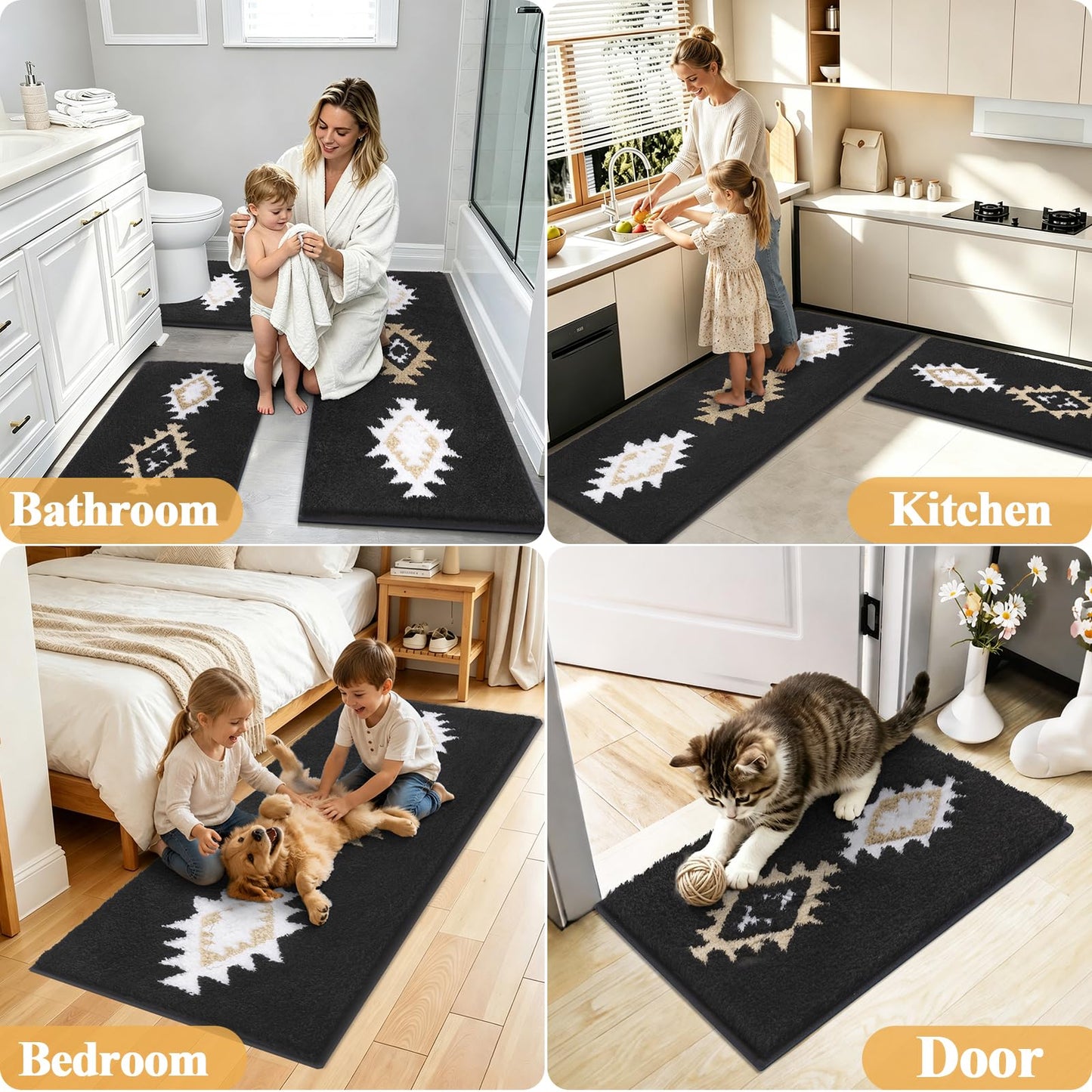 HEBE Boho Bathroom Rugs Set 3 Piece, Non Slip Washable Bath Mat Set, Ultra Absorbent Microfiber Bathroom Mats with U-Shaped Contour Toilet Rug, Aztec Western Bath Carpet Set for Tub, Shower