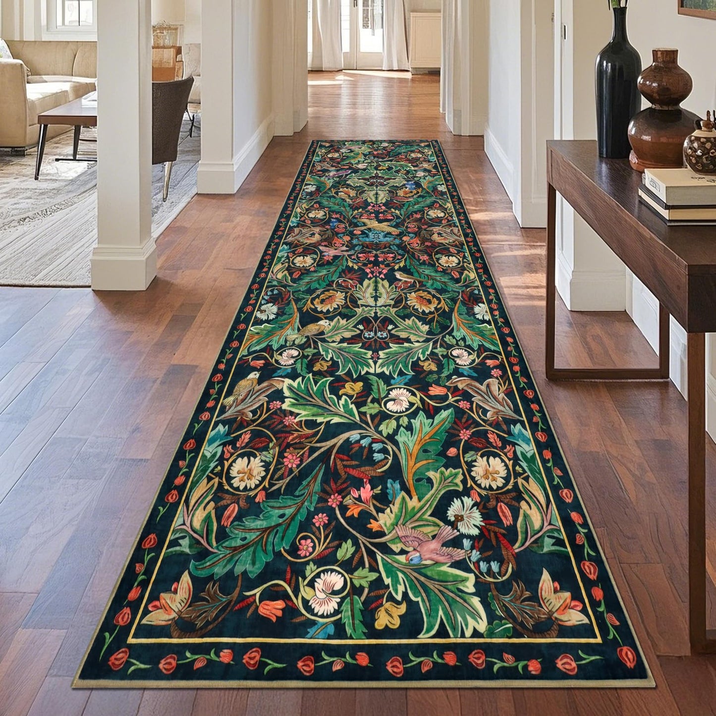 nesrt Boho Washable 3x10 Hallway Runner Rugs, Non Slip Floral Birds Long Kitchen Runners, Soft Jungle Birds Floor Carpet for Entryway, Low Pile Decor Rug for Hall Laundry Bedroom Bathroom (Dark Green)