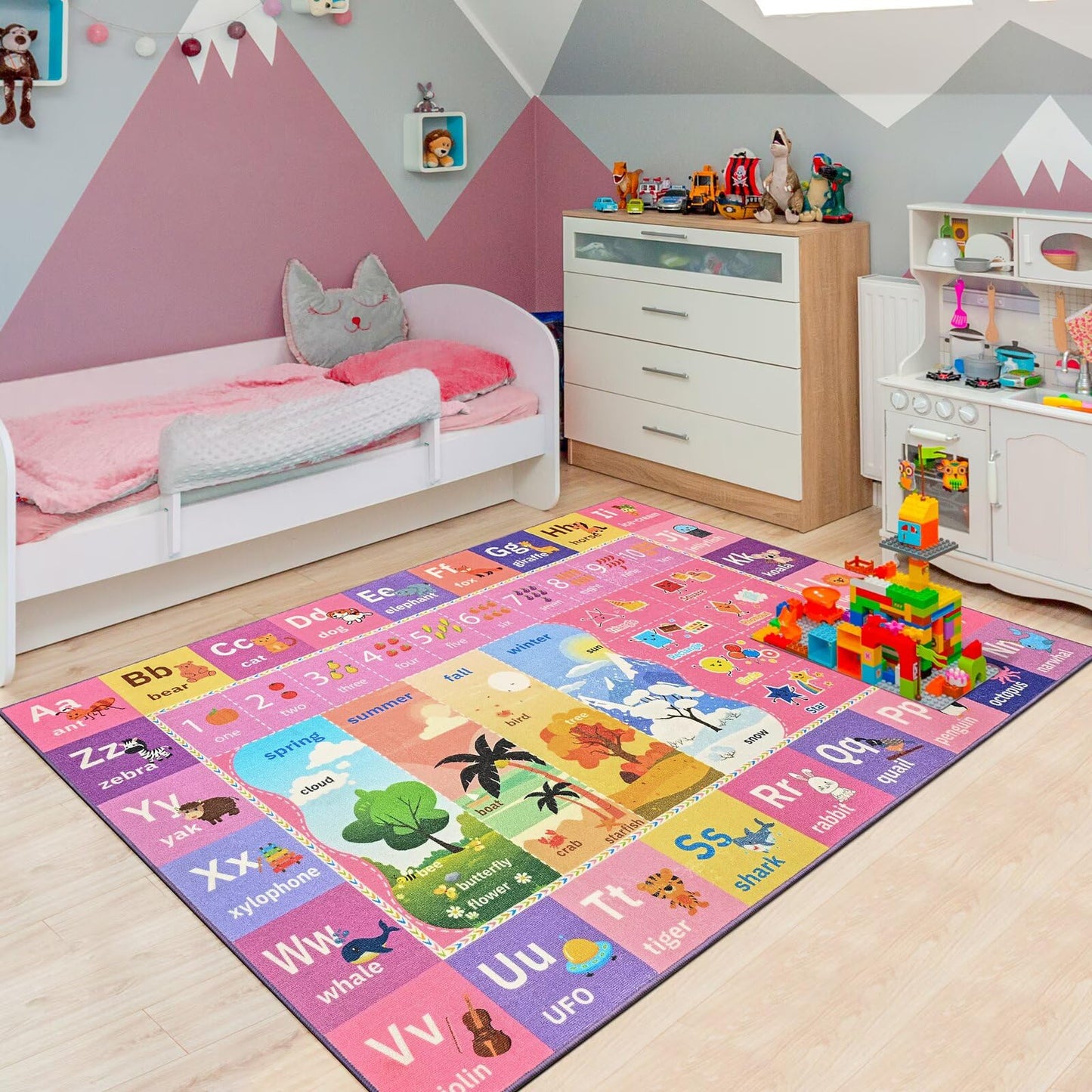 Macgace ABC Kids Rug for Playroom, 3x5 Pink Purple Washable Classroom Area Rugs, Toddler Educational Play Mat with Alphabet Numbers Seasons Shapes, Learning Fun for Preschool Children