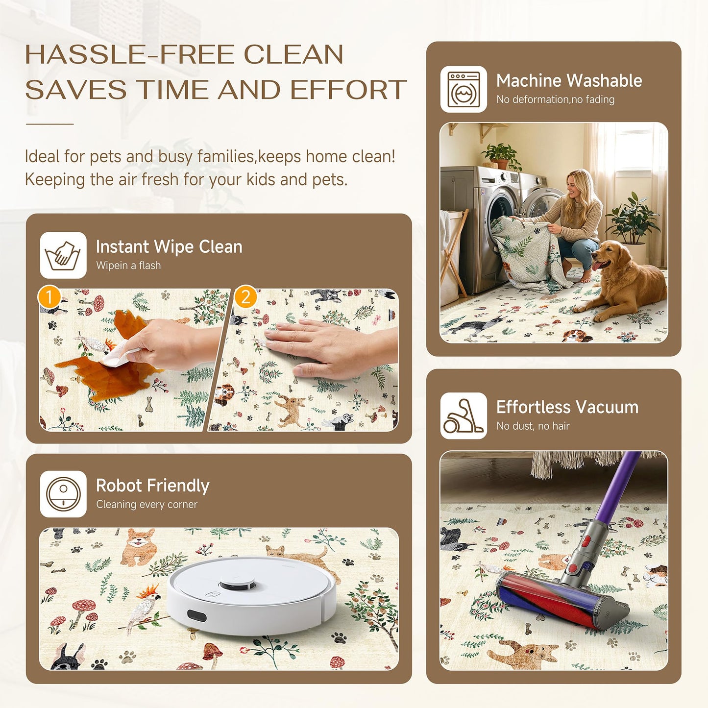 PureCozy 4x6 Entryway Area Rug Washable Floral Animal Office Carpet Non Slip Low Pile Stain Resistant Door Mat Soft Beige Dog Printed Throw Floor Cover for Kitchen Bedroom Living Dining Room