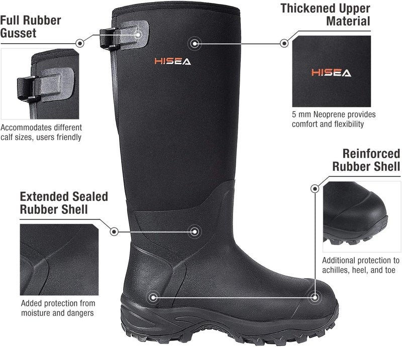 HISEA Rubber Hunting Boots - Tall Waterproof Neoprene Insulated | Durable Slip-Resistant Design for Men