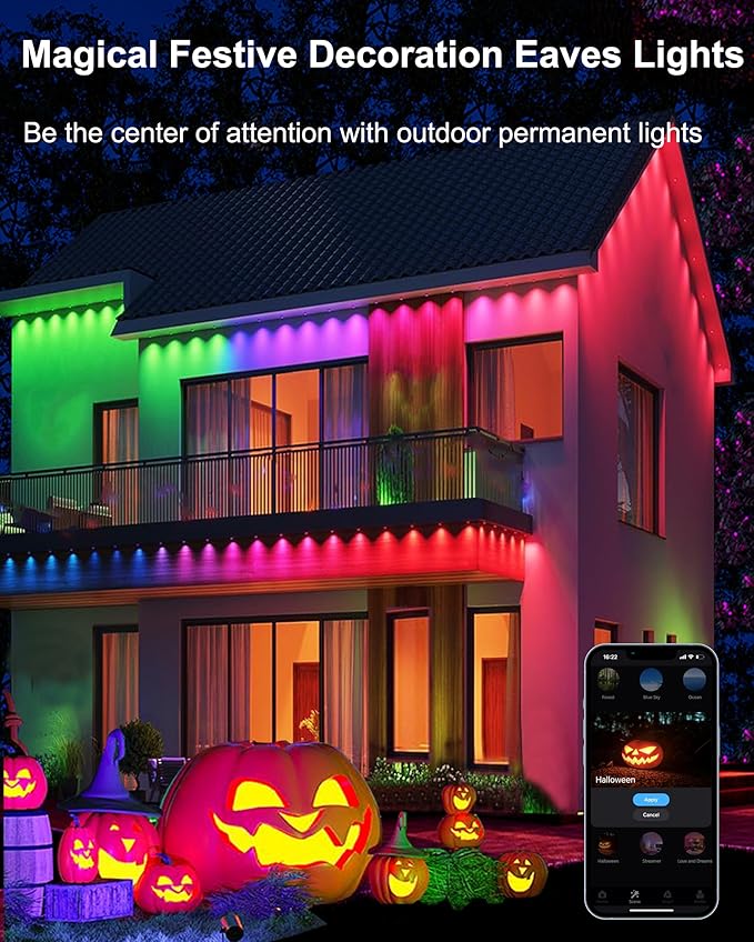 Permanent Outdoor Lights Pro, 50FT with 30 RGBCW IC LED String Lights Outdoor, IP68 Waterproof Smart Christmas Lights for House, Eaves, Daily, Party Decor, APP Alexa Google Control
