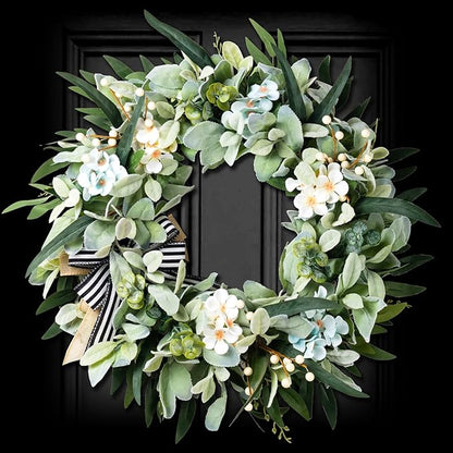 Lambs Ear Wreaths for Front Door Year Round, 20 Inch Green Artificial Wreath for Spring Summer Farmhouse Porch Indoor Outdoor Decor