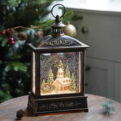 Christmas Snow Globe Lantern Water Glittering Churche & Manger Scene with Music & Timer, USB Lined/Battery Operated Lighted Lantern for Christmas Festival Decoration Gifts
