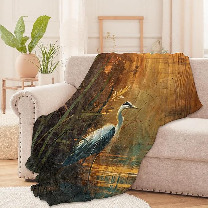 Blue Heron in Sunset Wetlands Throw Blanket for Boys Girls Kids Adults Women, Fuzzy Warm Soft Cozy Flannel Blankets Gifts for Bedroom, Couch, Travel, Home Decor 40x50 in