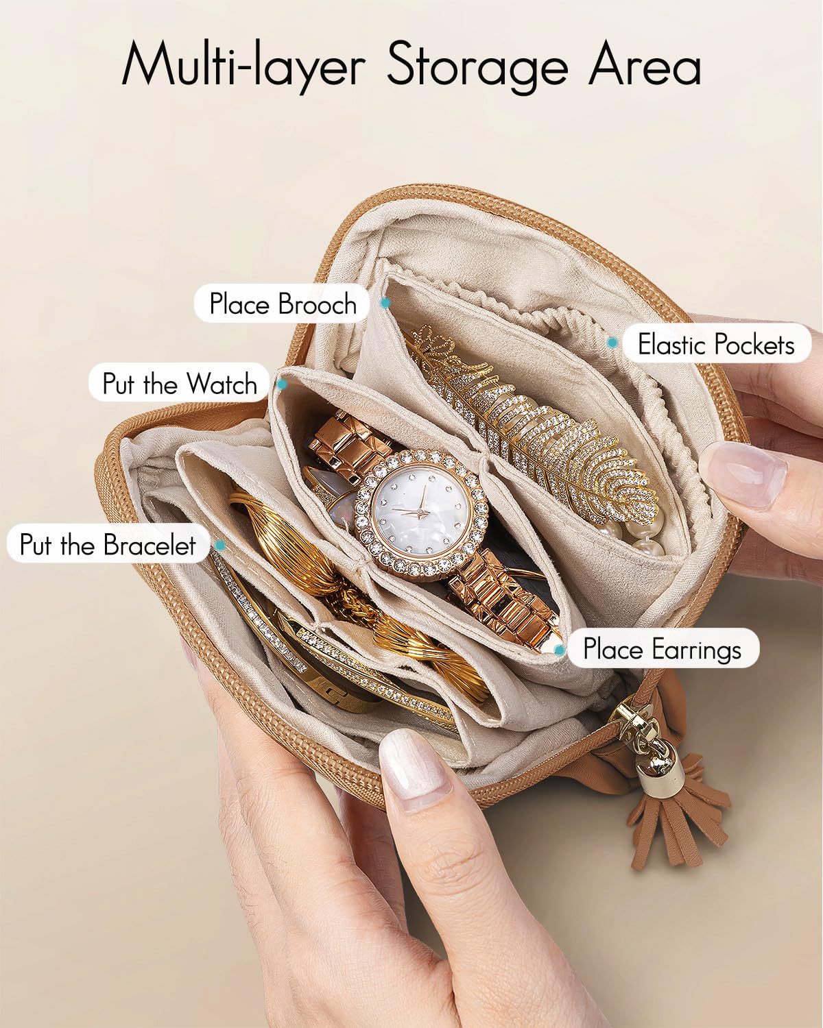 VLANDO Small Travel Jewelry Case,Jewelry Pouch Bags with Zipper,Velvet Jewelry Organizer Storage Bag for Bracelet Rings Earring-Brown