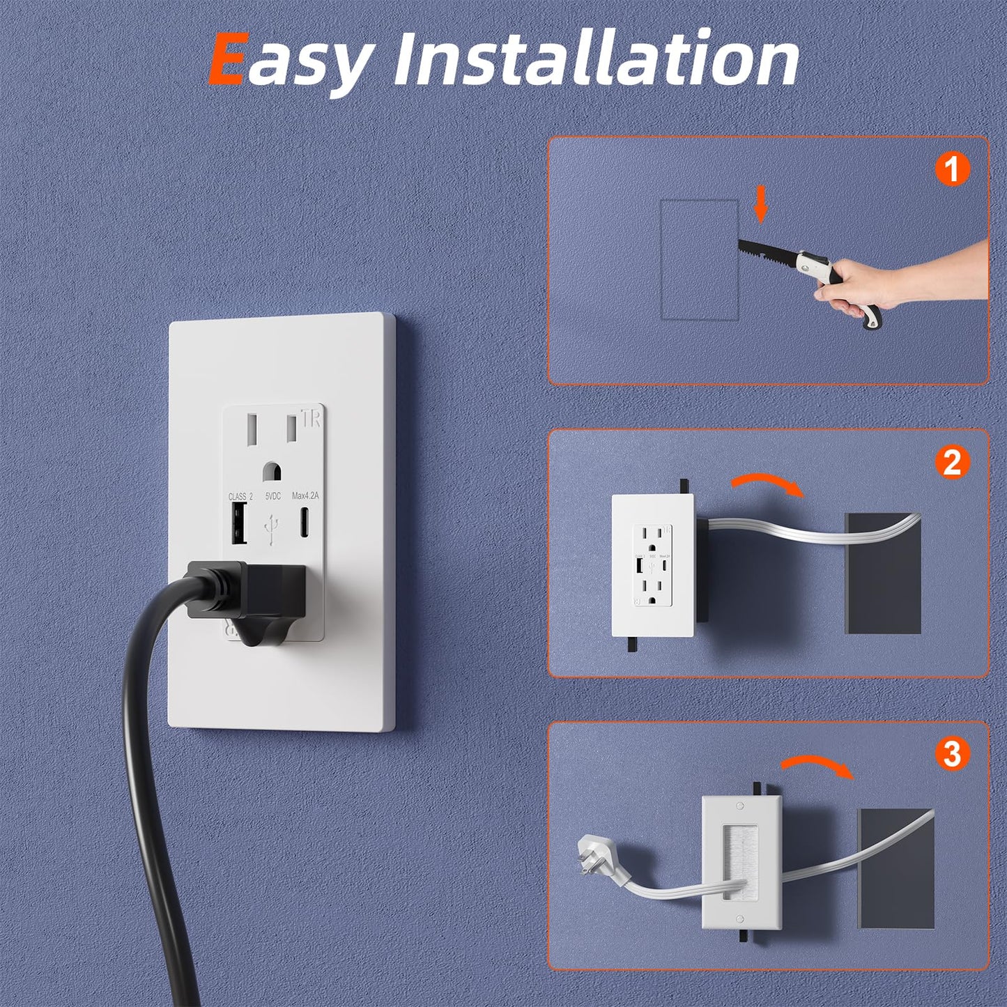 Outlet Relocation Kit,in Wall Cable Management Kit,2 AC+USB-A+USB-C,Power Relocation Kit for Unreachable Outlets,7.8ft in Wall Outlet Extender for TV,Home Theater，Sofa,Desks,Nightstands