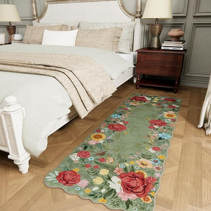 Kitchen Rug Runners for Hallways: 2x6 Washable Runner Rugs for Kitchen Ultra Thin Stain Resistant Non Slip Low Pile Lightweight Vintage Floral Carpet for Laundry Room, Bedside Decor (Green)