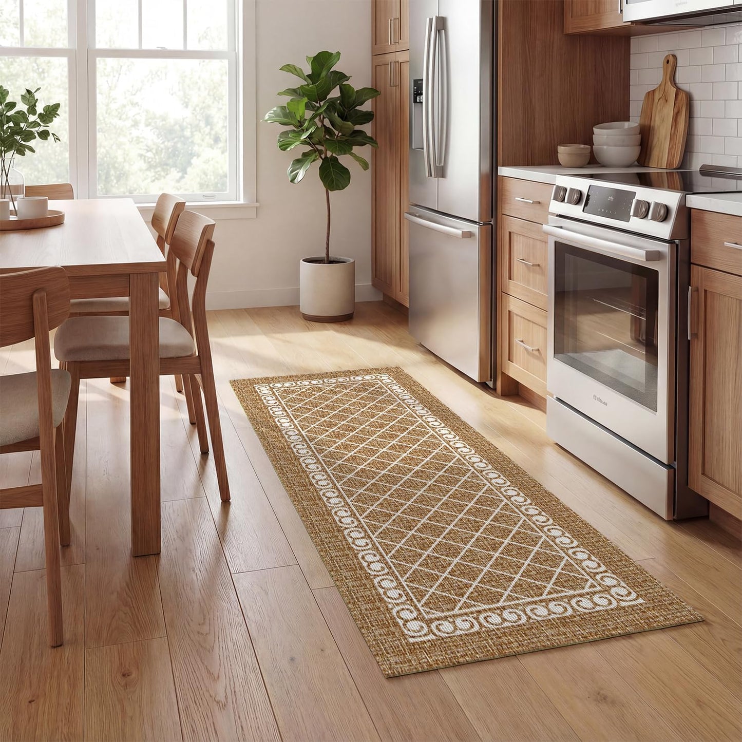 Artoid Mode Beige Washable Diamond Stripe Retro Doormat, Non Slip Absorbent Natural Rubber Back Door Mat Floor Mat 17x47 Inch
