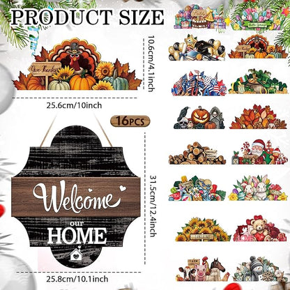 Yousoontic 17 Pcs 12 Inch Magnetic Welcome Door Sign Interchangeable Front Door Decor Rustic Fall Seasonal Hanging Sign Halloween Christmas Decor for Home Warming Gift