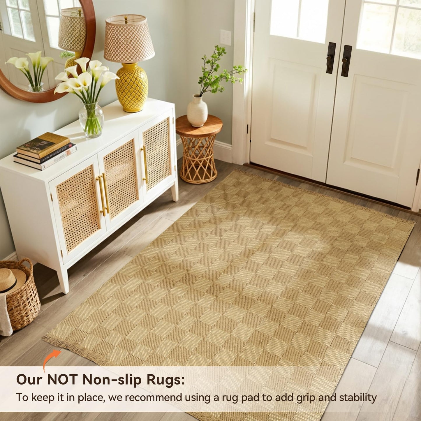 BESTSWEETIE 4'x6' Washable Rug Hand-Woven Low Pile Soft Checkerboard Pattern Reversible Checkered Braided Rugs with Short Fringe Carpet for Living Room Bedroom Dining Room Home Decor - Naturejute