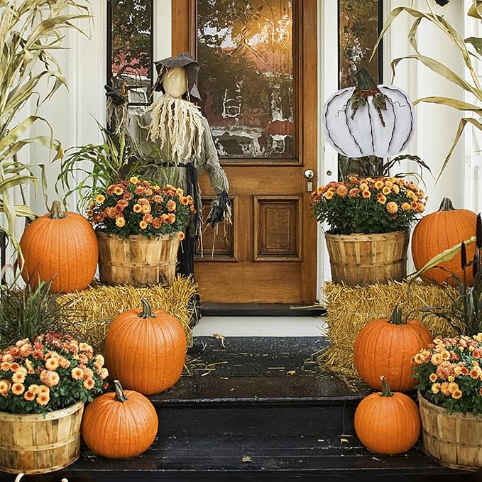 Metal Pumpkin Stakes Yard Signs Fall Decor Decorative Garden Stake Lawn Pumpkins Ornaments Outdoor Autumn Decoration for Harvest Halloween Thanksgiving (17.5" H White x2)