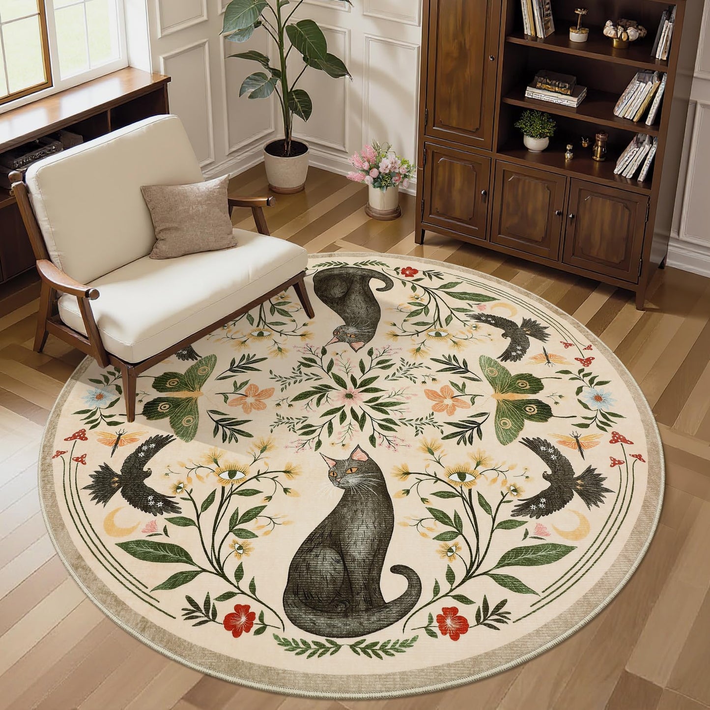 GarveeHome Round Area Rugs 5ft for Bedroom, Cat Beige Washable Circle Rug Soft Non Slip Mushroom Floral Floor Mat Carpet Indoor Thin Rug for Bedroom Dining Room Playroom Nursery Gothic Decor