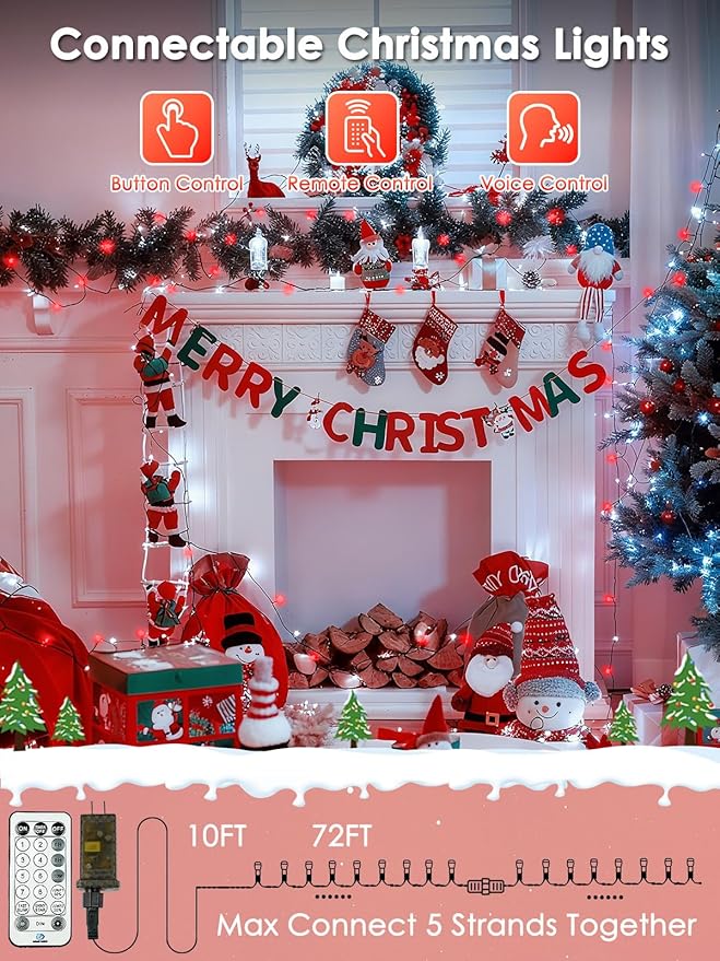 Voice Control Connectable 2PK 164FT 400LED Christmas String Lights Indoor Outdoor with Remote | Smart Twinkle Fairy String Lights 12 Modes & Timer for Xmas Tree Decor (Red & White)