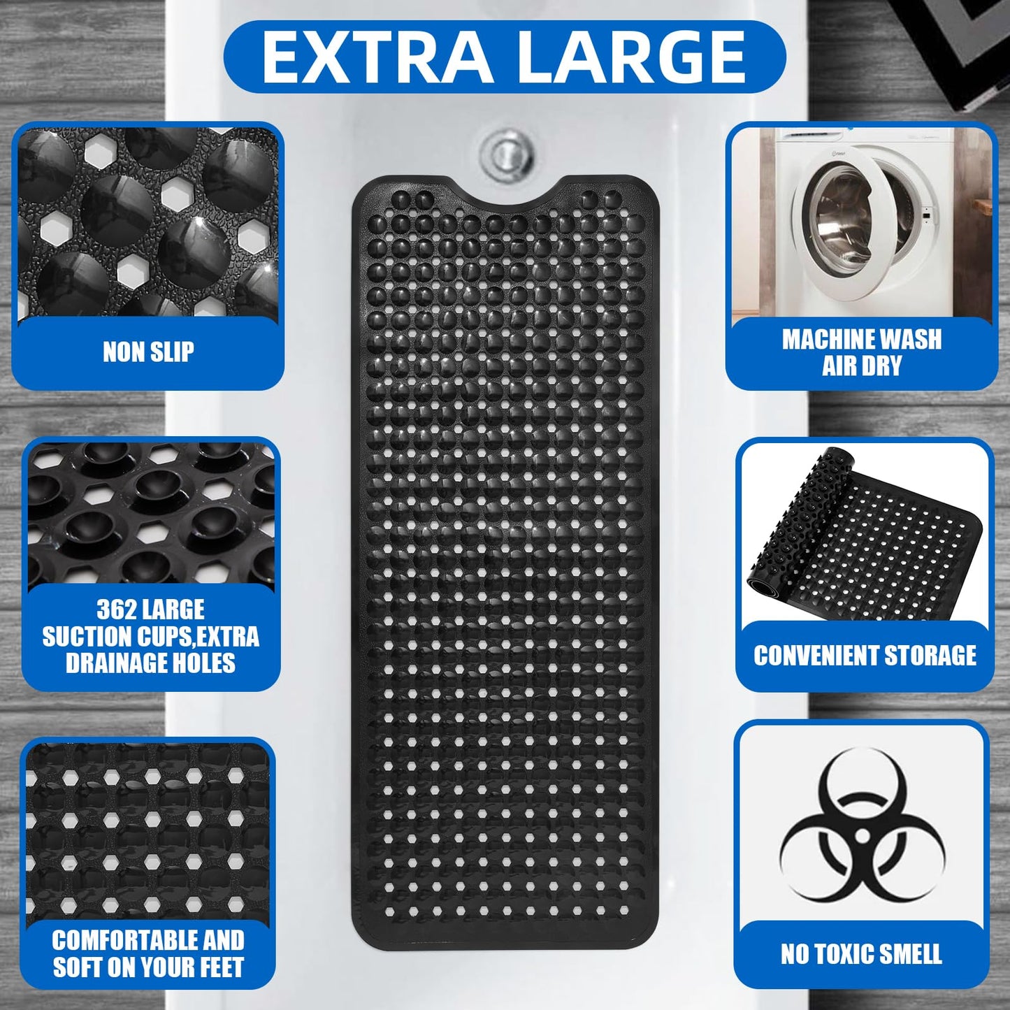 ZHICHENG Bath Tub and Shower Mats, Non-Slip 39 x 16 Inch Extra Long Bath Mat, Machine Washable Bathtub Mat with Drain Holes, Suction Cups for Bathroom (Black)
