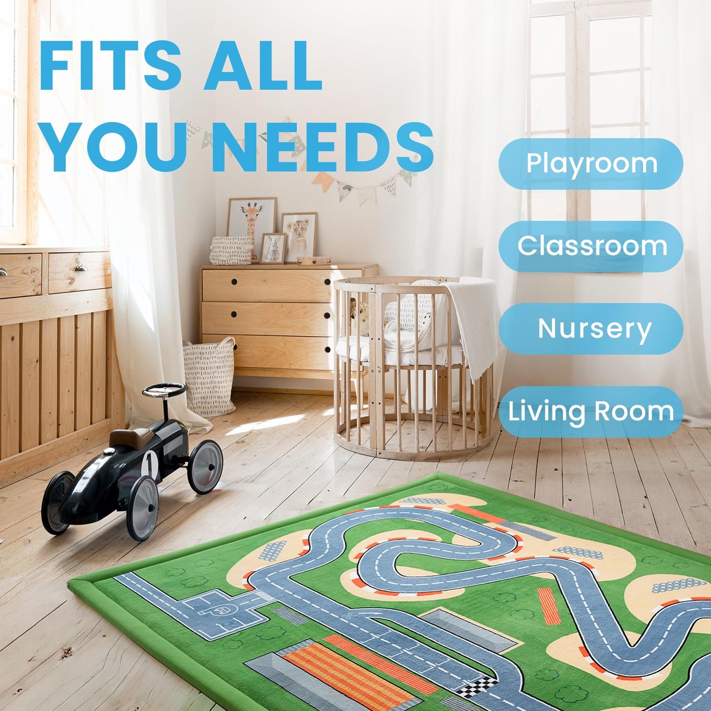 PaPaMat 1.3" Thick Educational Baby Floor Play Mat 59x79, Basic Padded Memory Foam Kids Mat, Non-Slip Plush Playmat for Nursery Playroom Classroom (Race Track)
