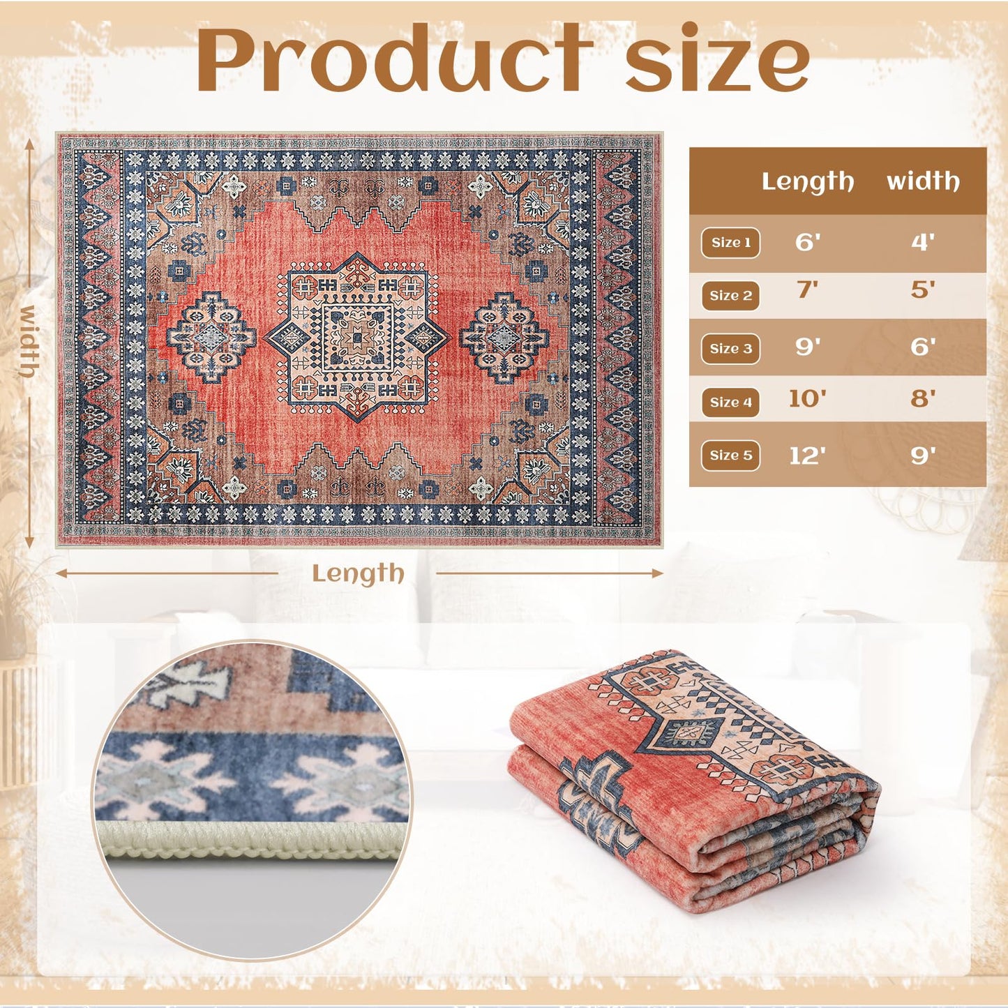 FLYRUGGO Boho Persian 5x7 Rust Area Rug for Living Room Dining Room Office Bedroom