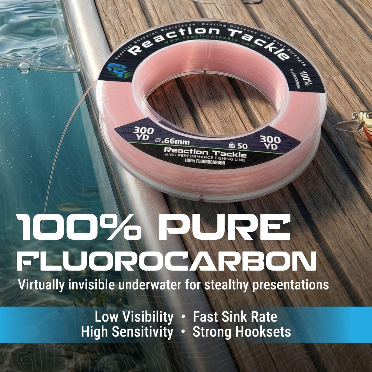 Reaction Tackle 100% Pure Fluorocarbon Fishing Line - High Strength, Abrasion-Resistant, Fast-Sinking, Virtually Invisible - Saltwater and Freshwater Leader Line - Clear - 25LB 125 Yards